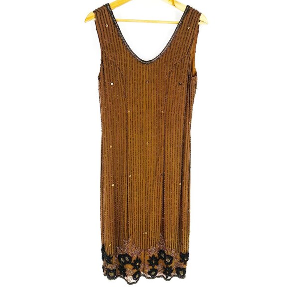 Vintage Nadine Boutique Brown Hand Beaded Sequined Silk Dress & Cardigan Set S - Picture 5 of 12